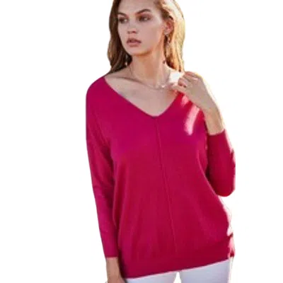 Fashnzfab V Neck 3/4 Sleeve Side Slit Hi-lo Sweater In Pink