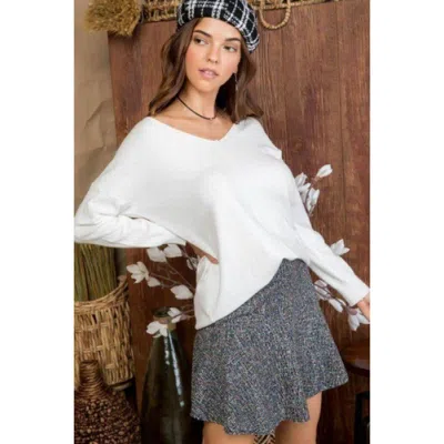 Fashnzfab V Neck 3/4 Sleeve Side Slit Hi-lo Sweater In White