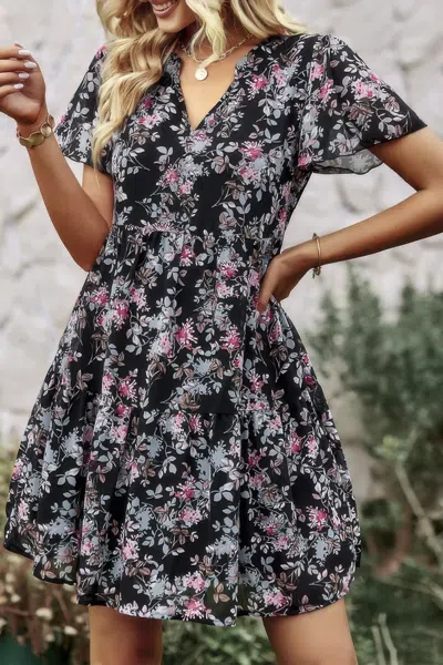 Fashnzfab V Neck Bohemian Floral Print A Line Fit Dress In Black