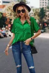 Fashnzfab V Neck Button Down Roll Up Sleeve Loose Pocket Blouse