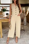 Fashnzfab V Neck Button Sleeveless Wide Pockets Jumpsuit