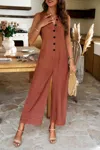 Fashnzfab V Neck Button Sleeveless Wide Pockets Jumpsuit