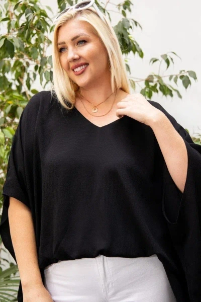 Fashnzfab V Neck Dolman Sleeves Front Waist Elastic Solid Top In Black