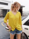 Fashnzfab V Neck Drawstring Solid Button Down Blouse