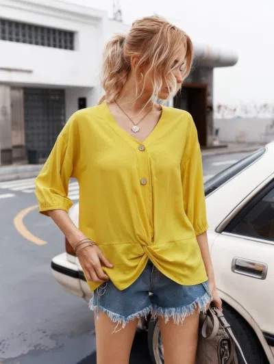 Fashnzfab V Neck Drawstring Solid Button Down Blouse