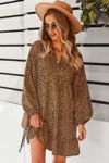 Fashnzfab V Neck Drop Shoulder Cheetah Print Tunic Dress