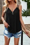 Fashnzfab V Neck Eyelet Trim Spaghetti Strap Sleeveless Top