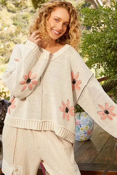 Fashnzfab V-neck Floral Pattern Chenille Sweater In Multi