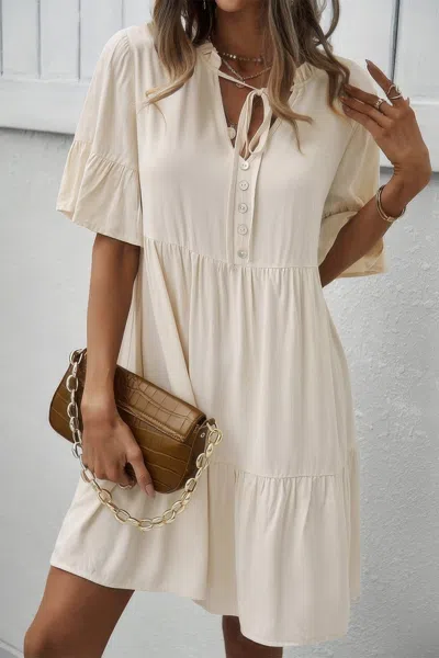 Fashnzfab V Neck Flounce Sleeve Ruffle Hem Tie Neck Dress In Sand