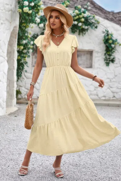 Fashnzfab V Neck Flutter Short Sleeve Layered Pleated Dress In Sand