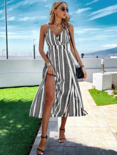 Fashnzfab V Neck Geo Print Split Thigh Sleeveless Cami Dress