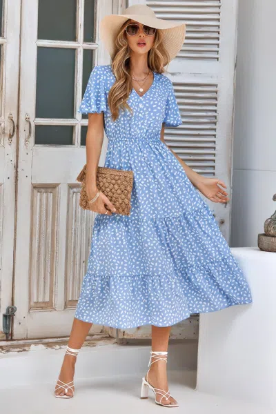 Fashnzfab V Neck Ruffles Tiered Sleeve Smocked Midi Dress