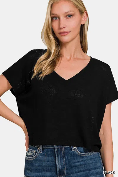 Fashnzfab V-neck Short Sleeve Crop T-shirt In Black