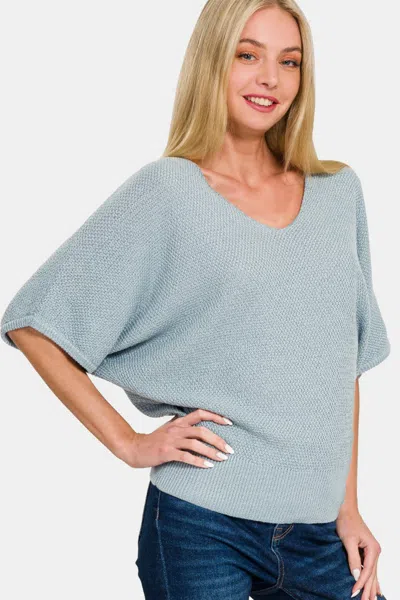 Fashnzfab V-neck Short Sleeve Dolman Sweater In Blue