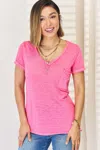 Fashnzfab V-neck Short Sleeve Slit T-shirt In Pink