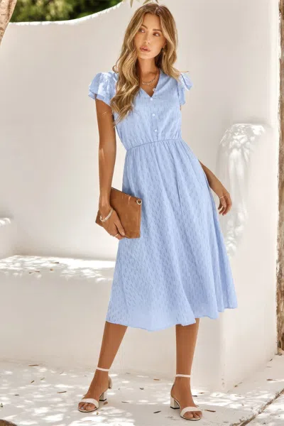 Fashnzfab V Neck Short Sleeve Solid Ruffle A Line Midi Dress