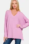 Fashnzfab V-neck Side Slit High-low Sweater In Multi