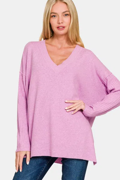 Fashnzfab V-neck Side Slit High-low Sweater In Multi