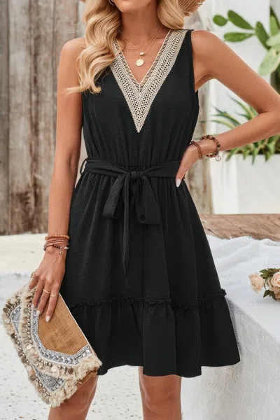 Fashnzfab V Neck Sleeveless Belted A-line Tiered Dress In Black