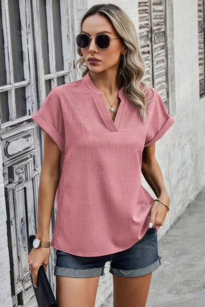 Fashnzfab V Neck Solid Short Bat Sleeve Loose Fit Blouse