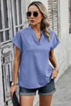 Fashnzfab V Neck Solid Short Bat Sleeve Loose Fit Blouse