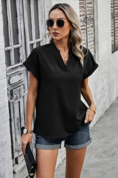 Fashnzfab V Neck Solid Short Bat Sleeve Loose Fit Blouse