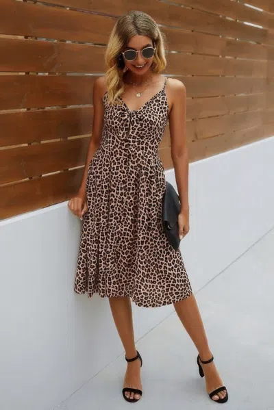 Fashnzfab V Neck Spaghetti Strap Leopard Cut Out Midi Dress