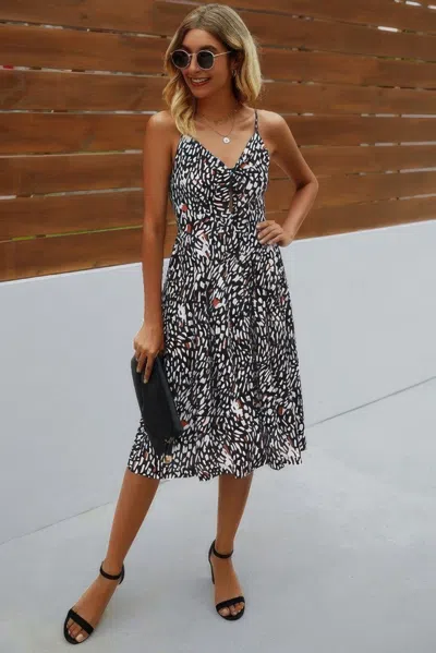 Fashnzfab V Neck Spaghetti Strap Leopard Cut Out Midi Dress