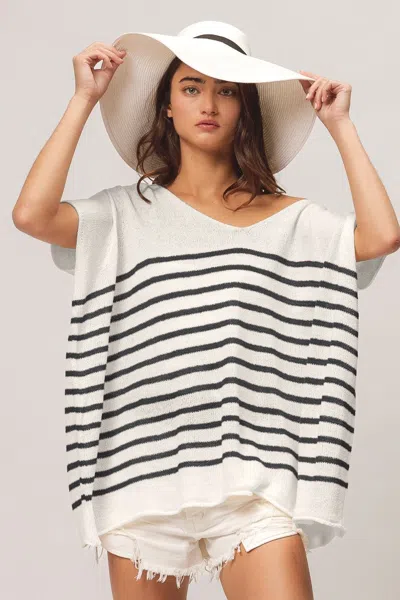 Fashnzfab V Neck Striped Short Sleeve Top In Black