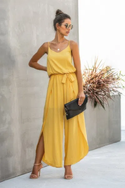 Fashnzfab V Neck Suspenders Wide Leg Side Slit Jumpsuit