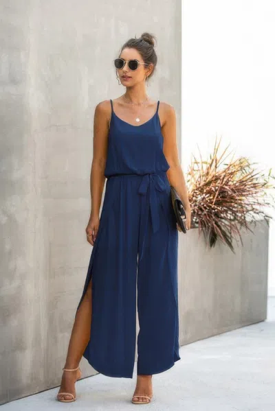 Fashnzfab V Neck Suspenders Wide Leg Side Slit Jumpsuit