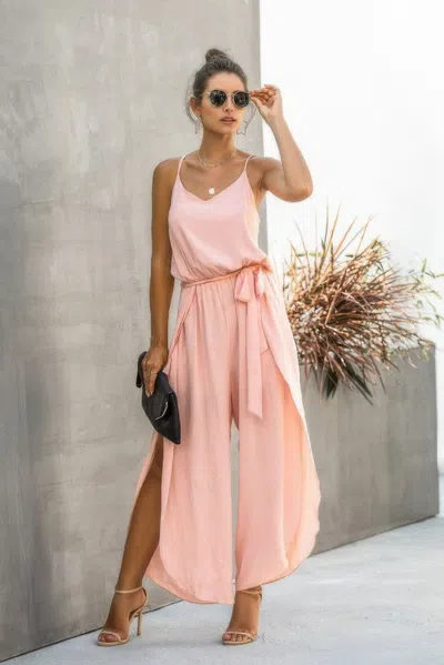 Fashnzfab V Neck Suspenders Wide Leg Side Slit Jumpsuit