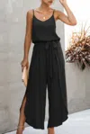 Fashnzfab V Neck Suspenders Wide Leg Side Slit Jumpsuit