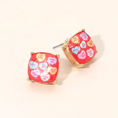 Fashnzfab Valentines Love Message Heart Square Cushion Stud Earrings Multi, Red