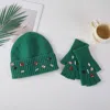 Fashnzfab Various Shaped Stone Cluster Embellished Knit Beanie Hat Gloves Set In Green