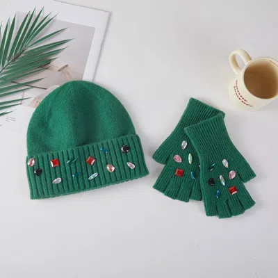 Fashnzfab Various Shaped Stone Cluster Embellished Knit Beanie Hat Gloves Set In Green