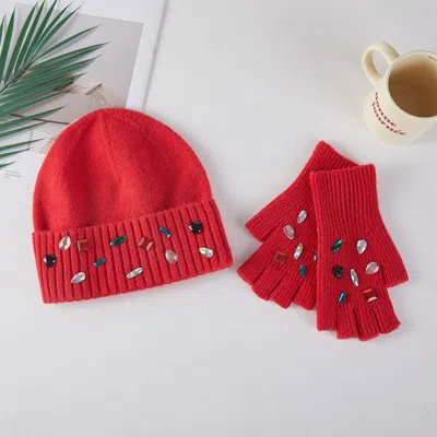 Fashnzfab Various Shaped Stone Cluster Embellished Knit Beanie Hat Gloves Set In Red