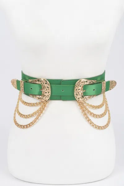 Fashnzfab Vegan Elastic Belt With Metal Chain And Buckle In Green