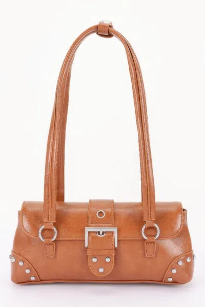 Fashnzfab Vegan Leather Metal Studded Shoulder Bag In Brown