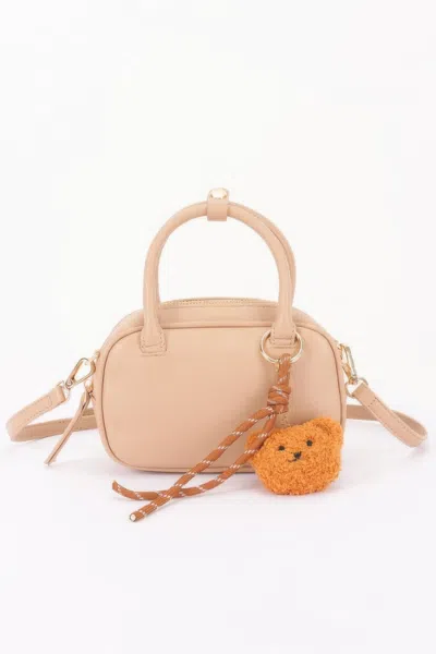 Fashnzfab Vegan Leather Mini Bowling Bag With Bear Charm In Brown