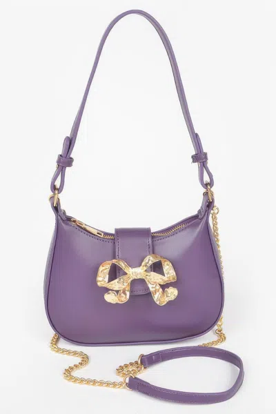 Fashnzfab Vegan Leather Small Hobo Bag W/metal Ribbon In Purple