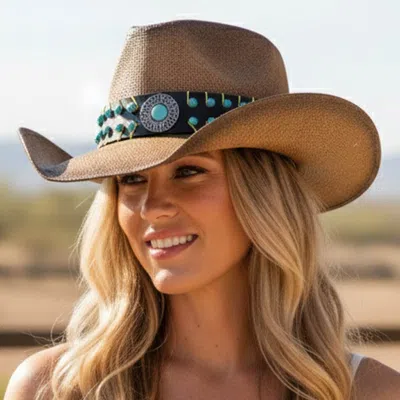 Fashnzfab Vintage Antique Concho Turquoise Beaded Band Western Straw Cowboy Hat In Gray