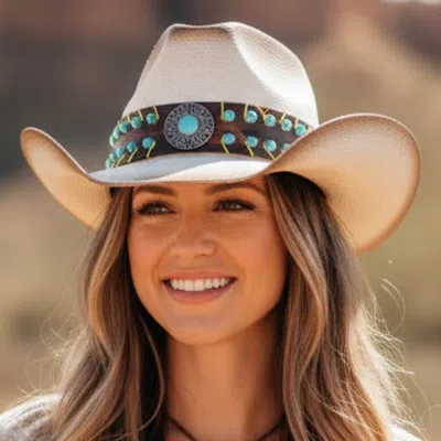 Fashnzfab Vintage Antique Concho Turquoise Beaded Band Western Straw Cowboy Hat In Multi
