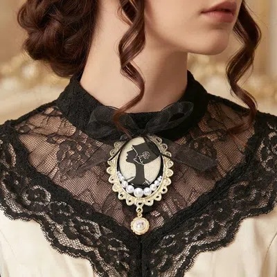 Fashnzfab Vintage Cameo Pearl Bow Love Pin Brooch In Black