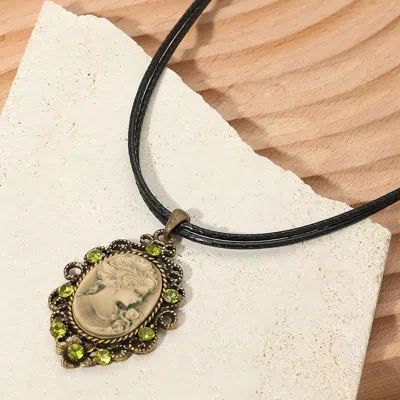 Fashnzfab Vintage Cameo Pendant Double Waxed Cord Necklace In Green