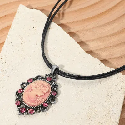 Fashnzfab Vintage Cameo Pendant Double Waxed Cord Necklace In Pink