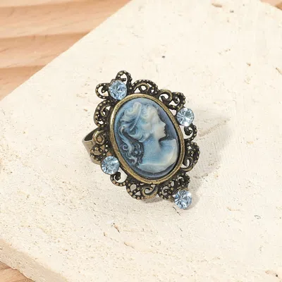Fashnzfab Vintage Cameo Statement Adjustable Ring In Blue