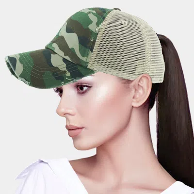 Fashnzfab Vintage Camouflage Mesh Back Ponytail Baseball Cap In Green