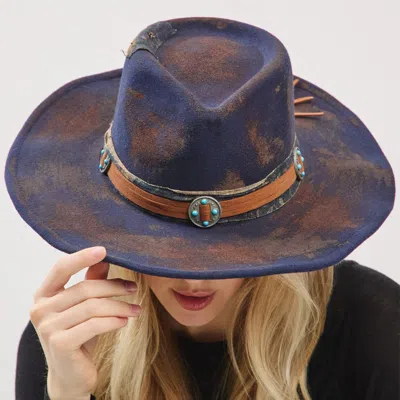Fashnzfab Vintage Decorative Distressed Fabric Band Rustic Cowgirl Western Fedora Hat In Blue