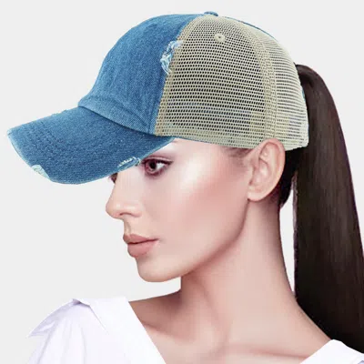 Fashnzfab Vintage Denim Mesh Back Ponytail Baseball Cap In Blue